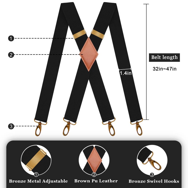 AYOSUSH Vintage Suspenders for Men Heavy Duty 4 Snap Hooks for Belt Loops Adjustable X Back (Black 4, One Size) - Image 2